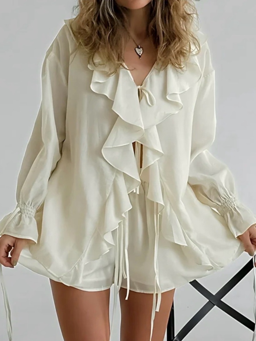 Amazon Cream Ruffle Front Tie Blouse
